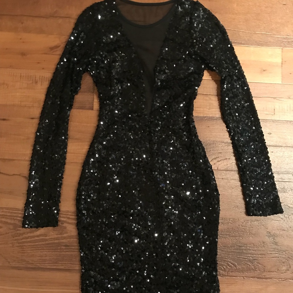 Sexy Black Sequin & Mesh Insert Dress